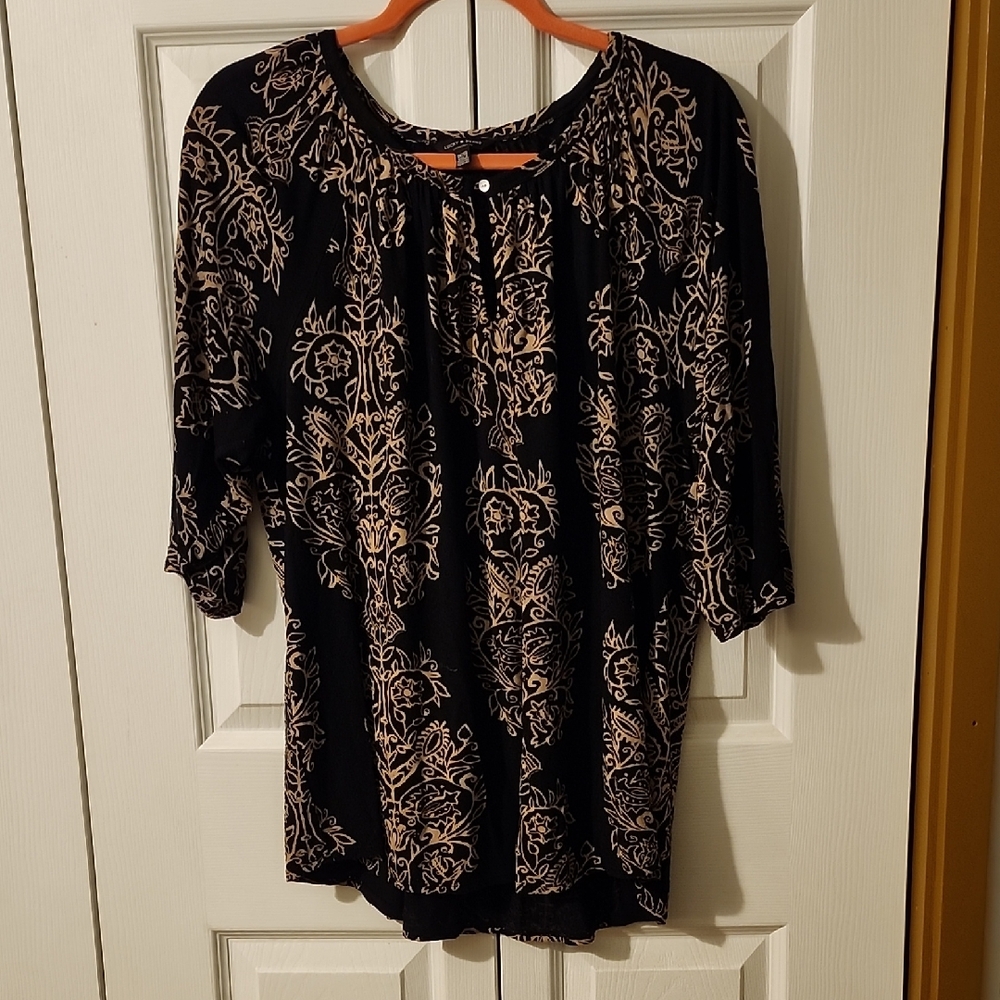 Lucky Brand Black and Cream Floral Blouse